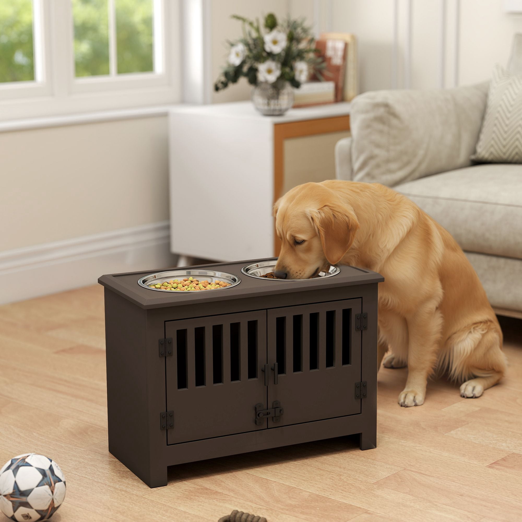 Dog Food Storage Cabinet with Bowls, Espresso - Pet Feeding Station for Large Dogs, Organizer with Stainless Steel Bowls & Space Saving Design