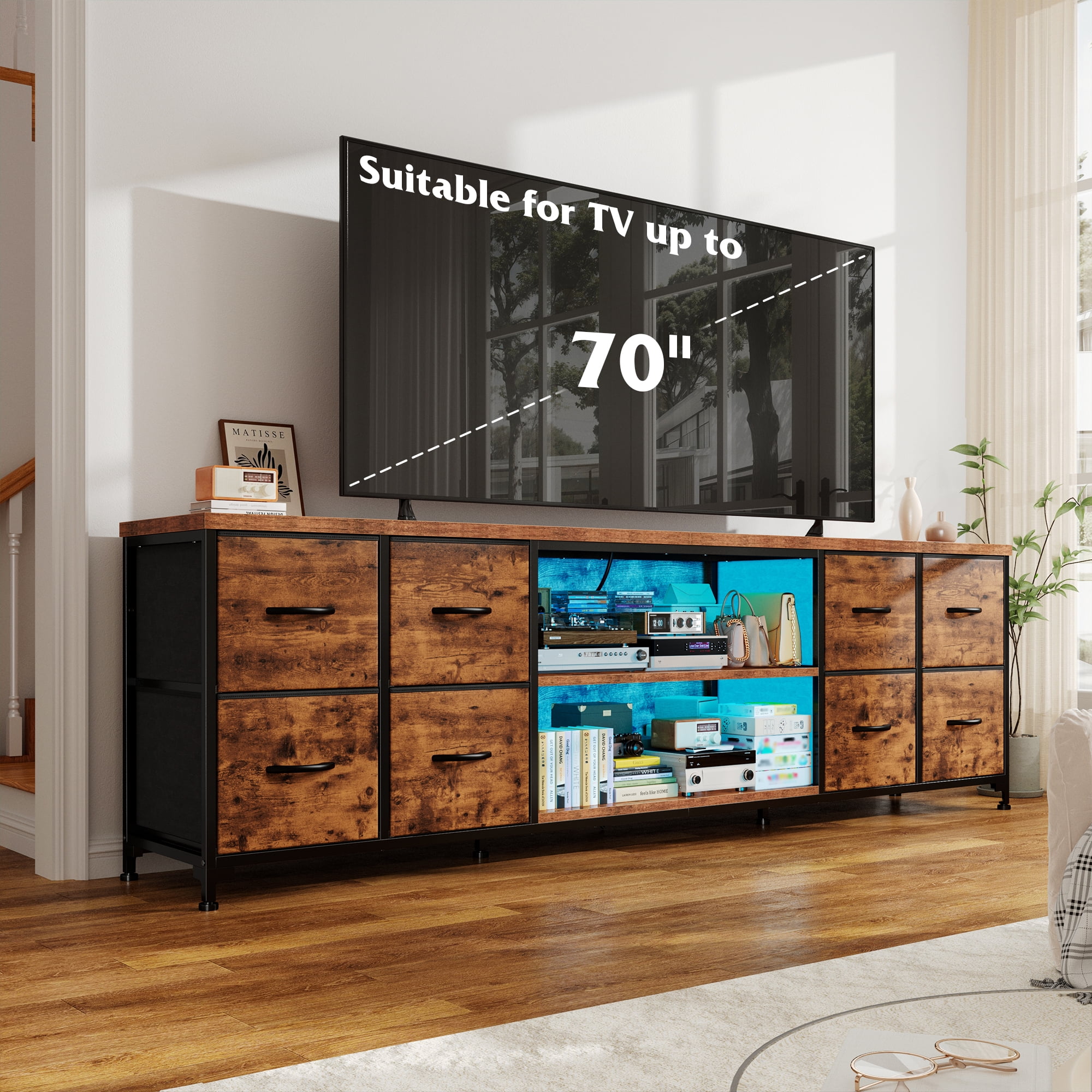 EnHomee 62.3" W TV Stand for 65 70 inch TV Dresser for Bedroom with Charging Station and LED Lights,8 Drawers Fabric Dresser with Entertainment Center for Living Room,Rustic Brown