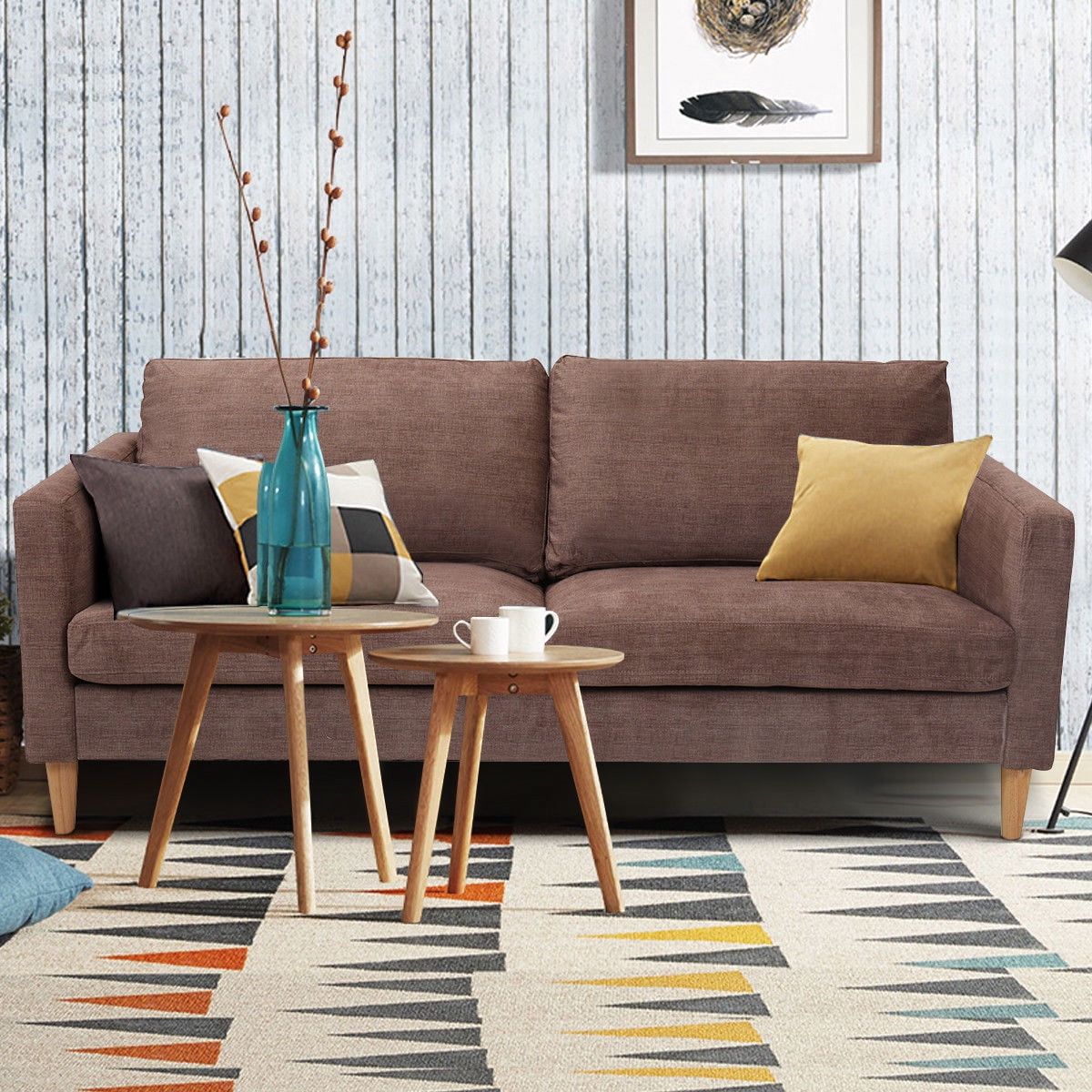 Costway Modern Fabric Couch Sofa Love Seat Upholstered Bed Lounge Sleeper 2-Seater Brown