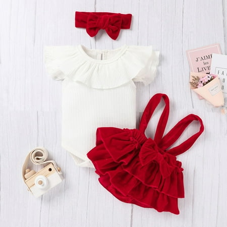 

Wiueurtly Toddler Girls Ruffles Short Sleeve Ribbed Romper Bodysuits Bowknot Suspenders Shorts Headbands Outfits 6 Month Old Girl Clothes
