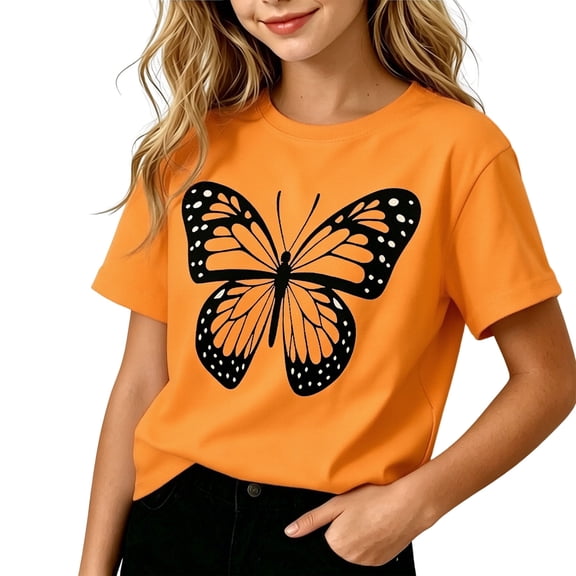 Acaics Girls Printed T-Shirt, Sizes 2–12, Soft Cotton Crew Neck Butterfly Graphic Casual Short Sleeve Tops