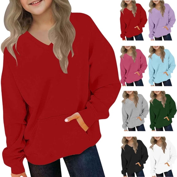 Loopsun Kids Sweatshirts, Toddler Kids Casual Solid V Neck Long Sleeve Sweatshirts Top with Pocket Navy, 9-10 Years