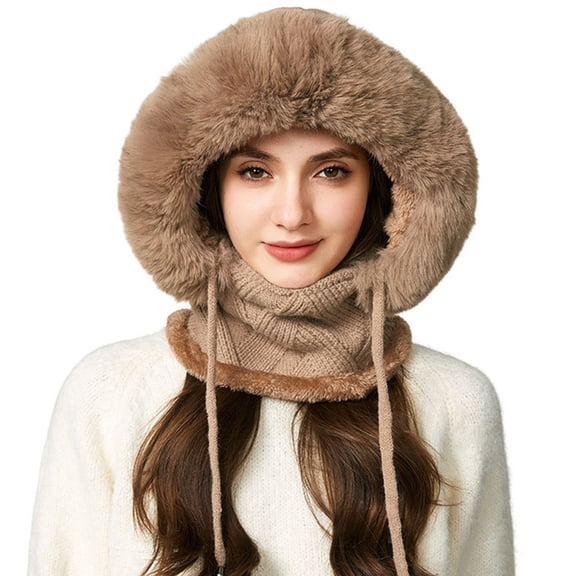 WZXFASHION Ribbed Knit 3-in-1 Hat Scarf Ear Flap Combo Winter Hat for Women and Men Khaki One Size