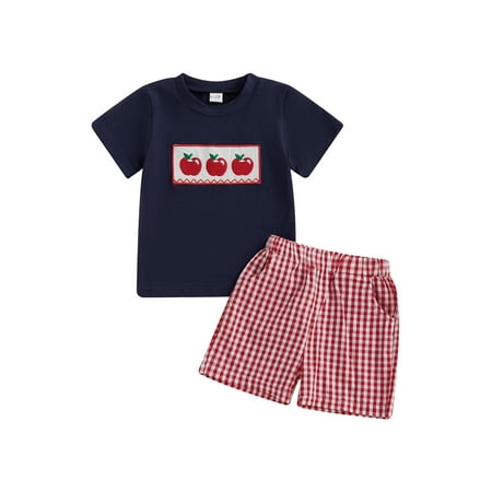 

Baby Toddler Boy Girls Summer Outfit 6 12 18 24 Months 2T 3T 4T Apple Short Sleeve T-shirt Plaid Shorts with Pockets 2 Pcs Clothing Set