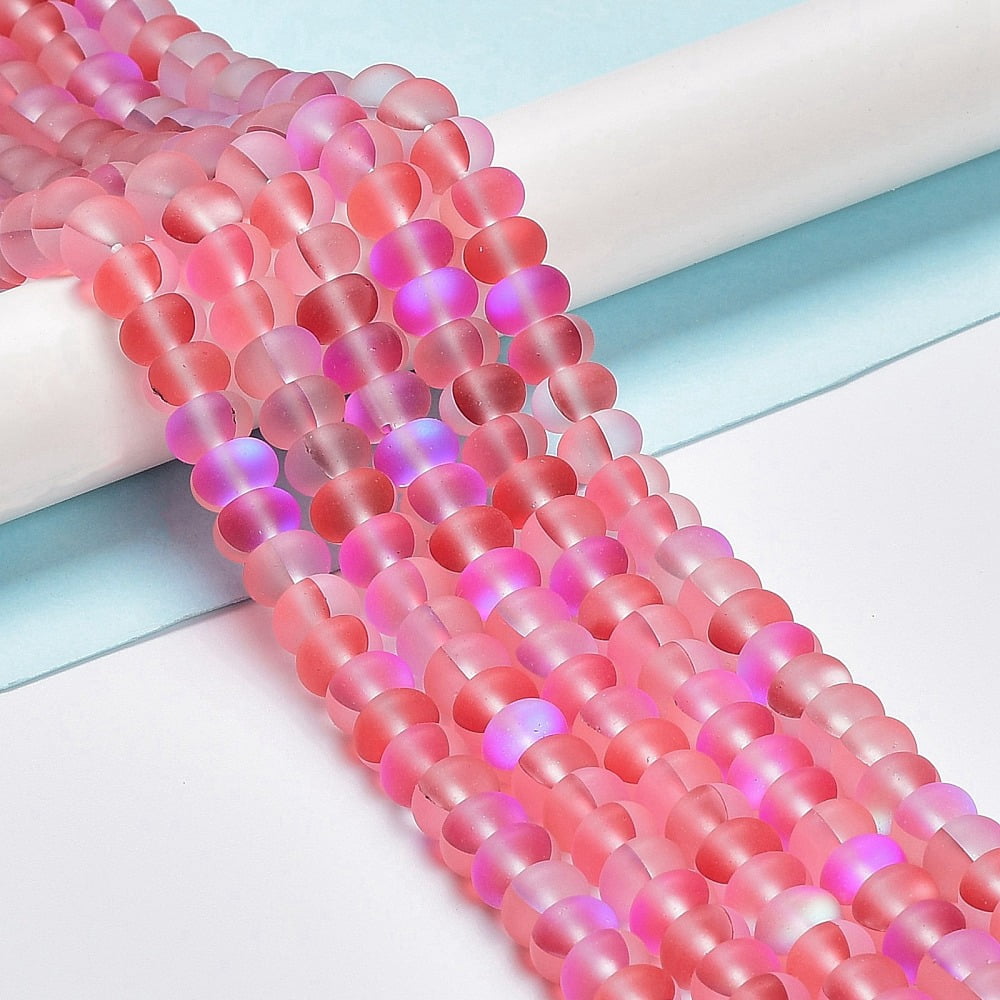 Frosted Transparent Glass Beads Strands Rondelle Hot Pink 8x5mm Hole: 1mm about 75pcs/strand 14.96''(38cm)