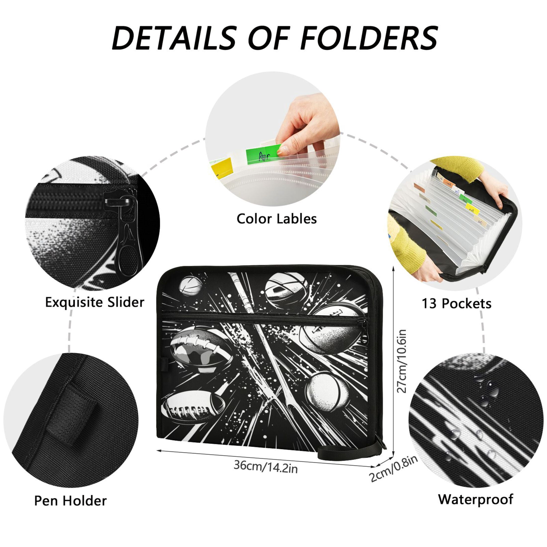 Accordion File Organizer with Zip Closure 13 Pockets Expanding File Folder Letter A4 Paper Document Organizer for Home Office Black and White Sports Equipment