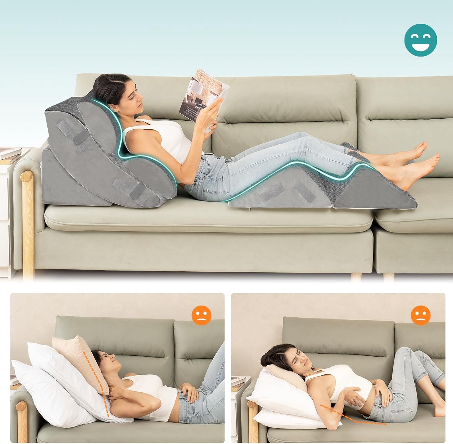 6PCS Orthopedic Bed Wedge Pillow for Sleeping, Adjustable Post Surgery Pillow Set for Body, Back and Leg Pain Relief, Memory Foam Support Pillows for After Surgery, Grey