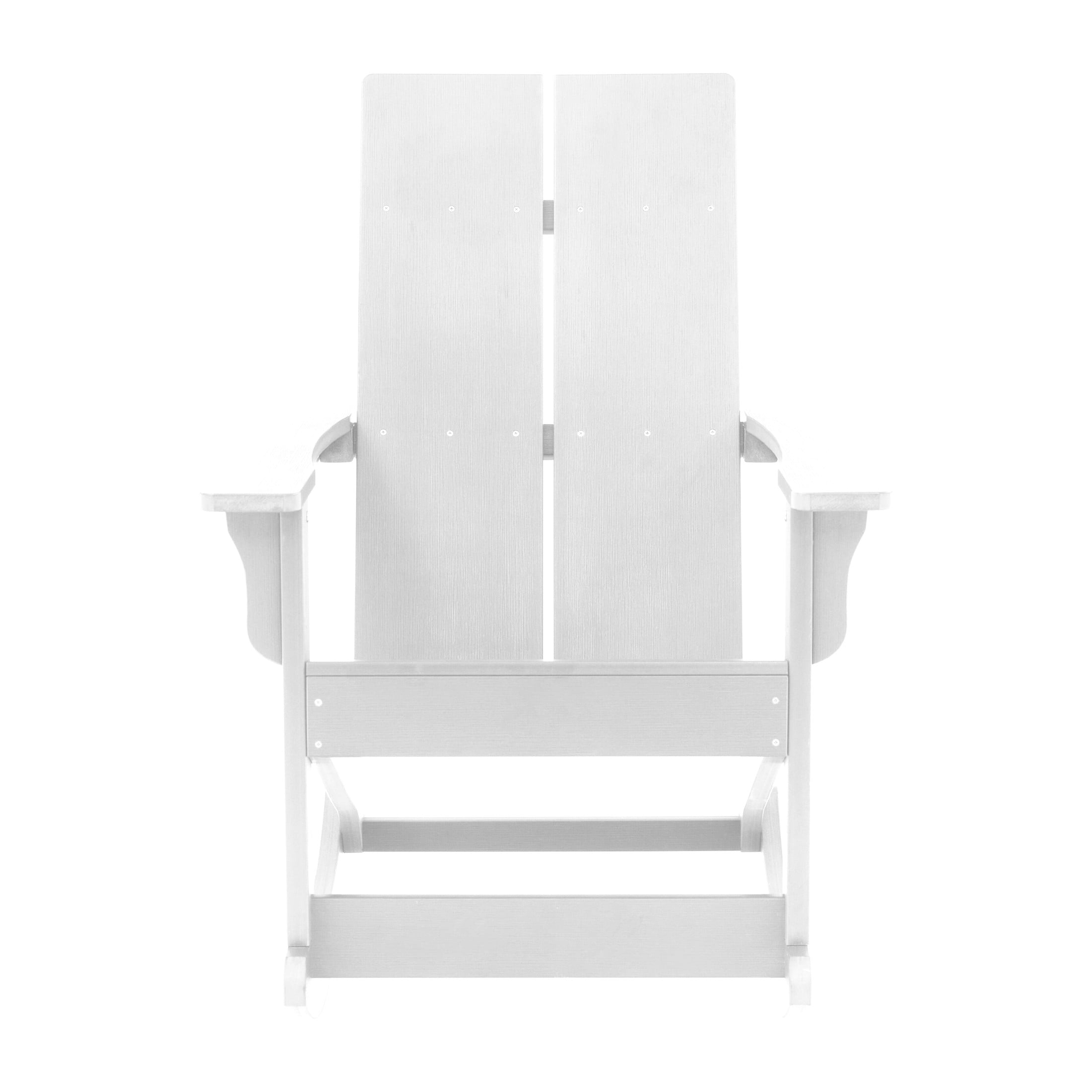 BizChair Modern Commercial Grade All-Weather 2-Slat Poly Resin Wood Rocking Adirondack Chair with Rust Resistant Stainless Steel Hardware in White