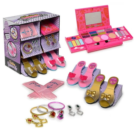 Princess Dress Up Role Play Makeup Set WASHABLE with Mirror and Includes 2 Shoe sets 1 set of Pink Princess Gloves Jewelry Boutique NON TOXIC