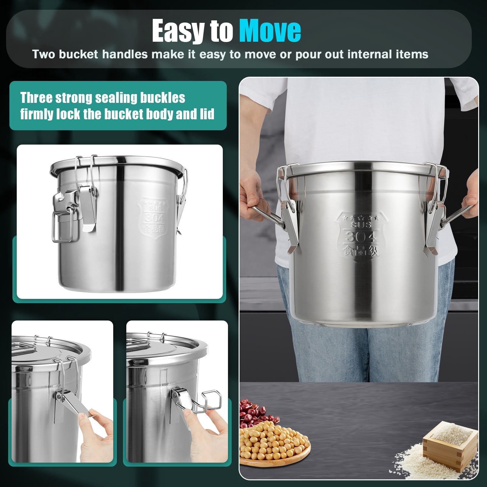 304 Stainless Steel Rice Storage Container 3.17Gal, Airtight Kitchen Food Bin for Flour Grains with Locking Lid