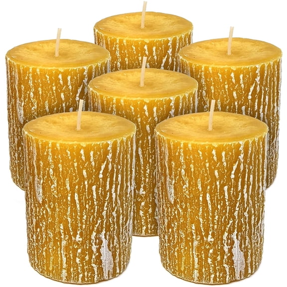 Hyoola 2.5 x 3.5 inch Mustard Yellow Unscented Rustic Timberline Pillar Candles, Paraffin Wax with Cotton Wicks, 6-Pack