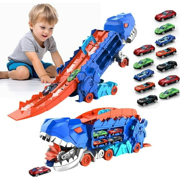 B-Qtech 15-in-1 Transformable Dinosaur Truck Toy with 12 Race Cars & Track Set, Car Toys Set Gift for Kids Boys Girls