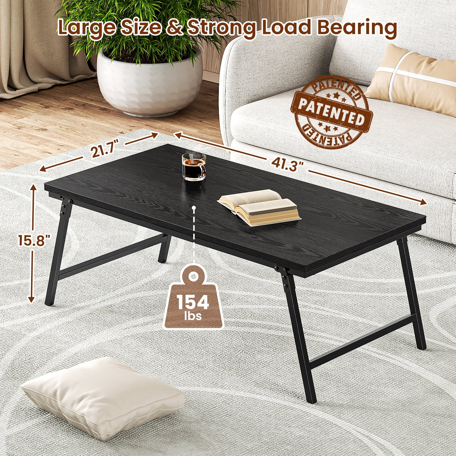 Flycity No Assembly Folding Coffee Table, Leg Latches Portable Sturdy Floor Table Desk for Sitting on the Floor, Low Coffee Table for Living Room, Home, Office, Black, 41.34"x21.65"x15.75"
