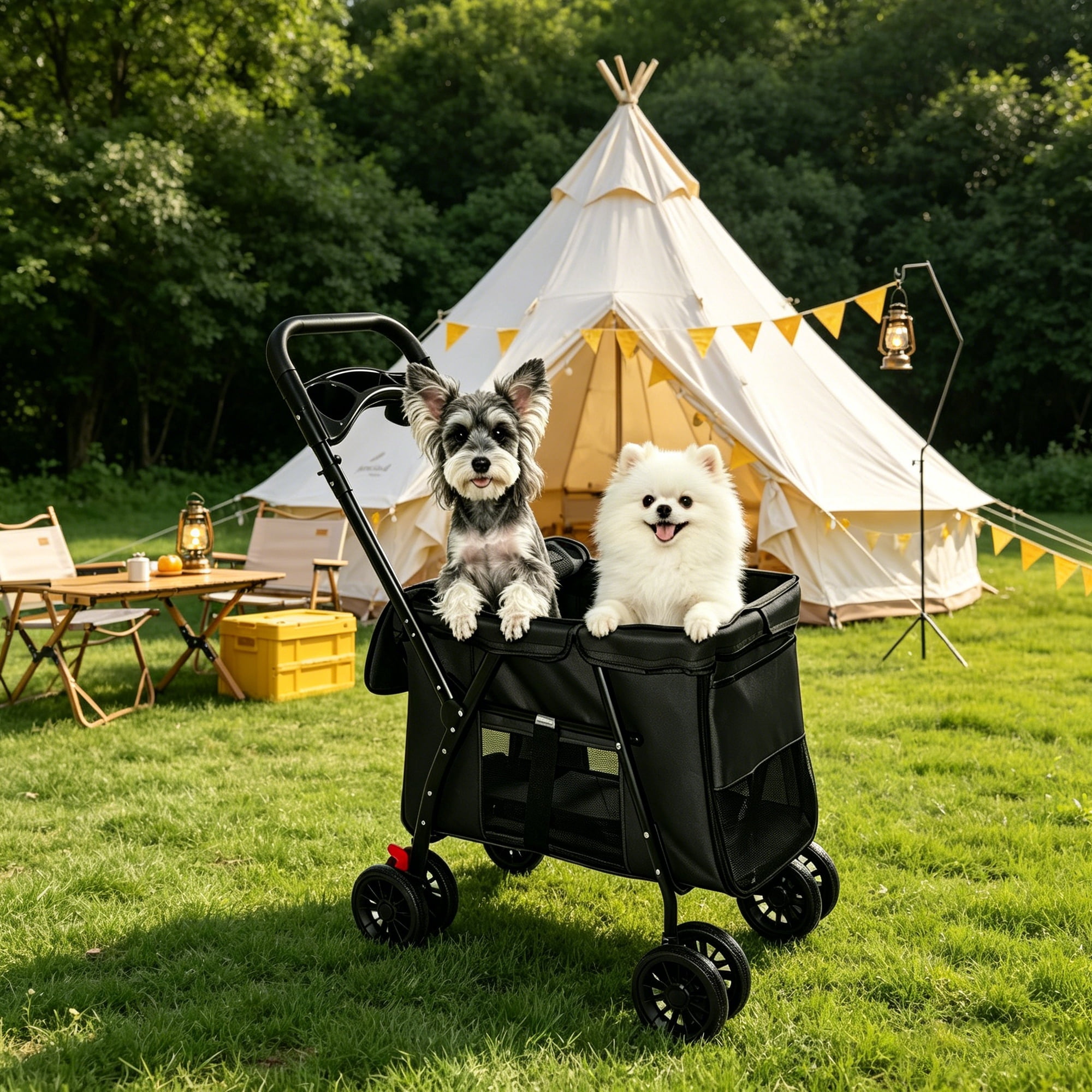 4-Wheel Folding Pet Stroller for Small Dogs and Cats, Pet Rolling Carrier with Storage Bag, Breathable Mesh & 2 Safety Leashes