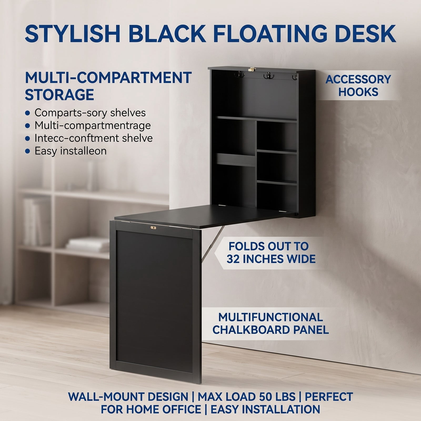 Furnibear Convertible Wall Mounted Folding Desk with Chalkboard, Space Saving Fold Down Wall Table with 6 Storage Cubes and 3 Hooks for Home Office Study, Black