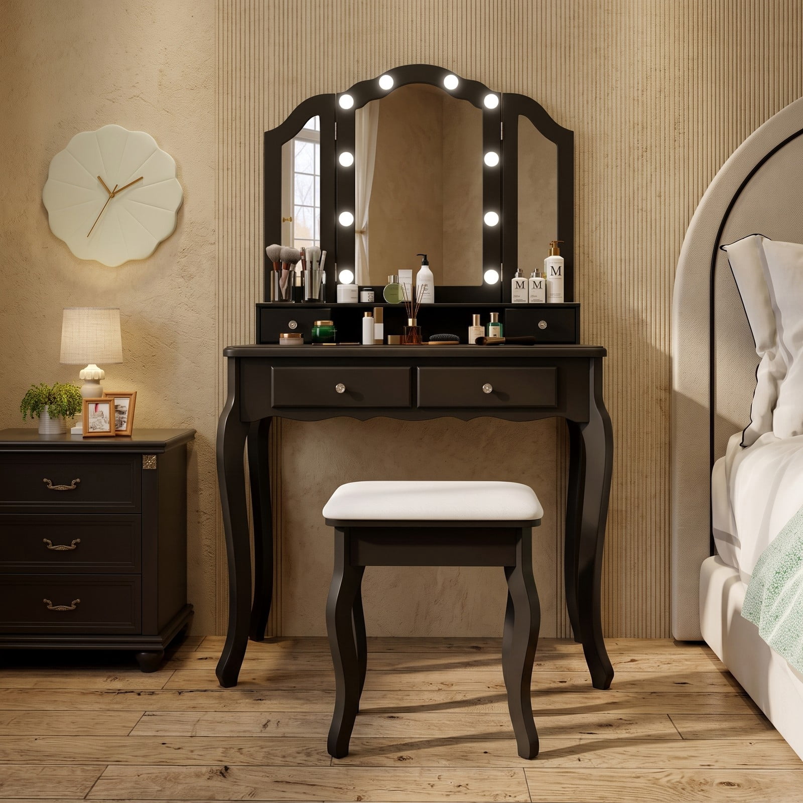 Furnibear Makeup Vanity Table Set with Tri Folding Lighted Mirror and Drawers and Cushioned Stool for Bedroom and Dressing Room, Black