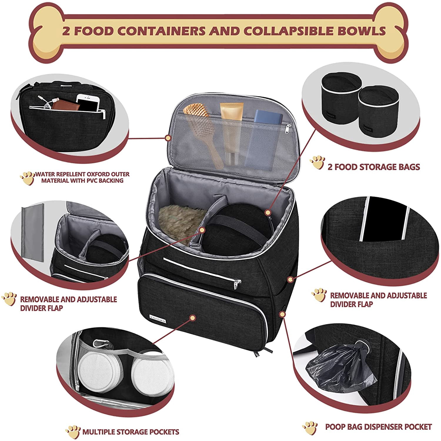 丨Dog Travel Bag Backpack, Airline Approved Pet Supplies Backpack, Dog Travel Bag with 2 Silicone Collapsible Bowls and 2 Food Baskets, Black