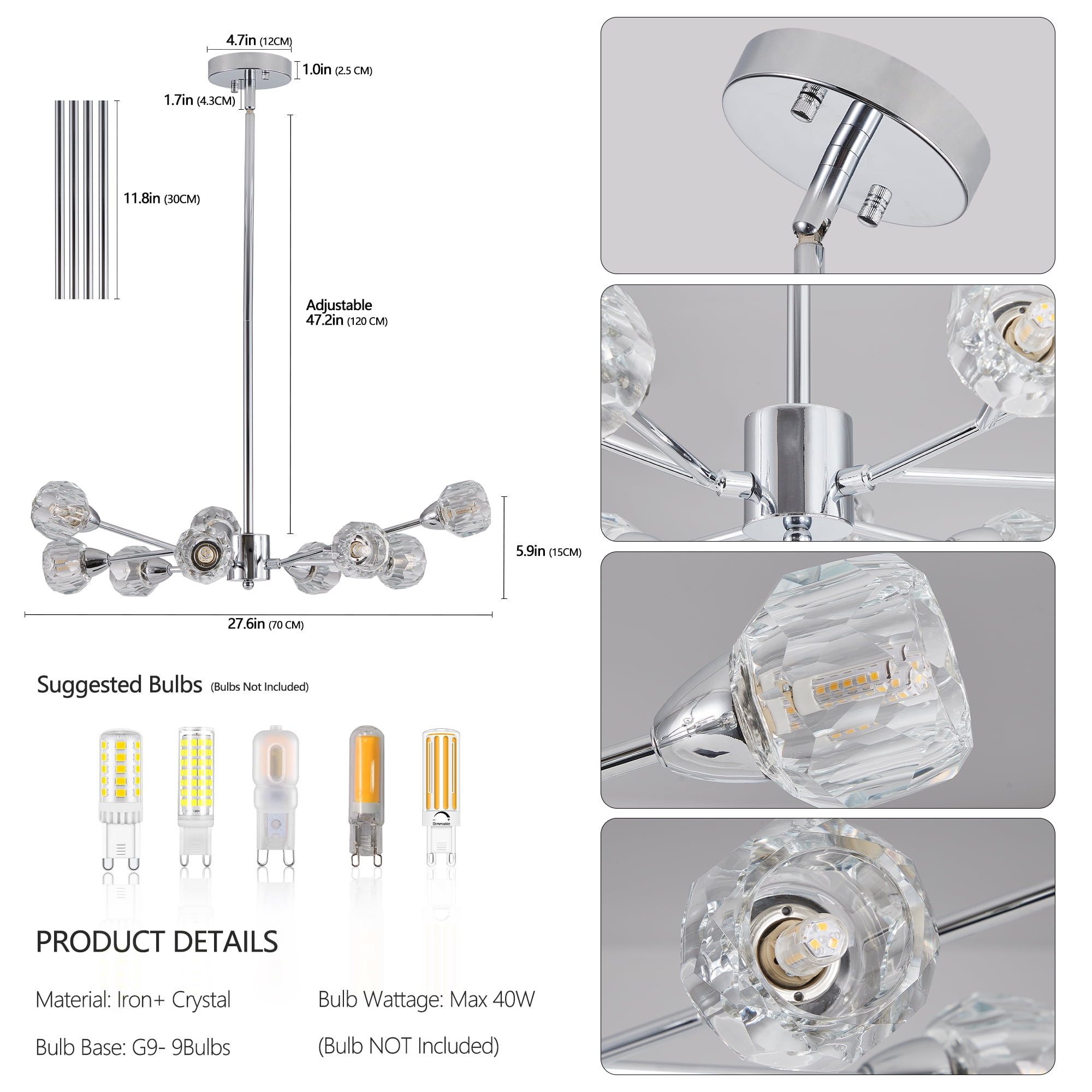 Miniyam 9 Lights Crystal Chandelier, Globe Crystal Design for Dining Room, Living Room, Chrome