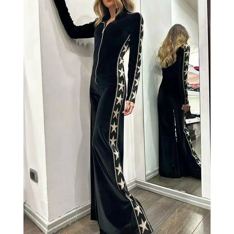 Women's Casual Jumpsuit Fashion Zip Front Flared Hem Pants Velvet