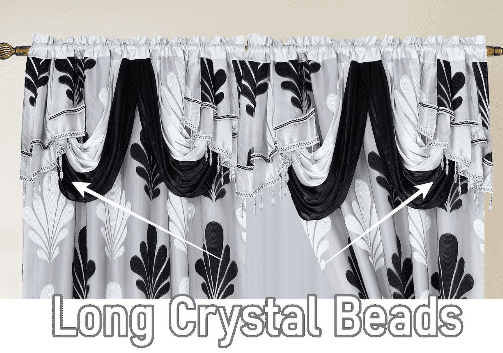 Complete Set Shopia 2 Tone Embroidery Luxury Jacquard Chiffon with Attached Valance with Beads and Tassels Window Curtain Bedroom, Living Room, and Dining Room (108 x 84 inches)