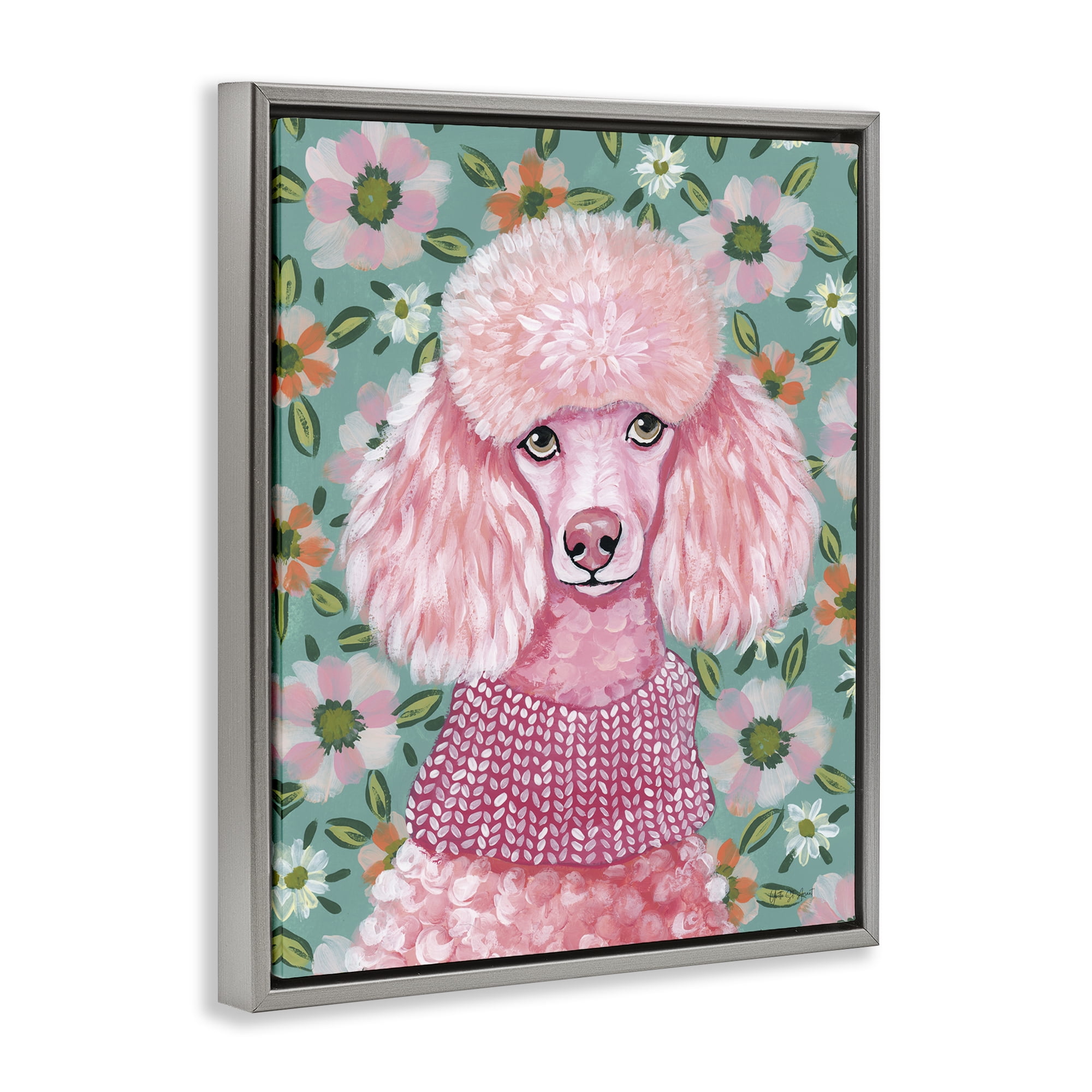 Stupell Industries Floral Poodle In Pink Gray Framed Floater Canvas Wall Art, design by Yvette St. Amant