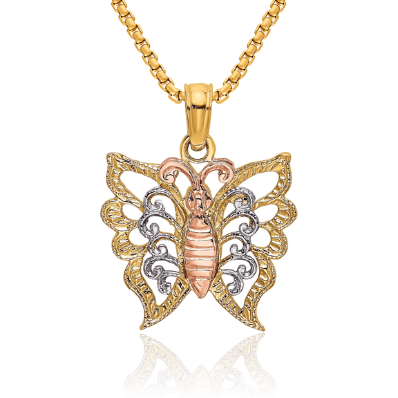 10K Solid Two Tone Gold White Butterfly Wings Necklace Chain Pendant Charm