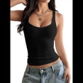 thumbnail image 3 of Top Corto Informal Ajustado de Punto Acanalado Sin Mangas con Cuello Cuadrado para Mujer Negro M, 3 of 8