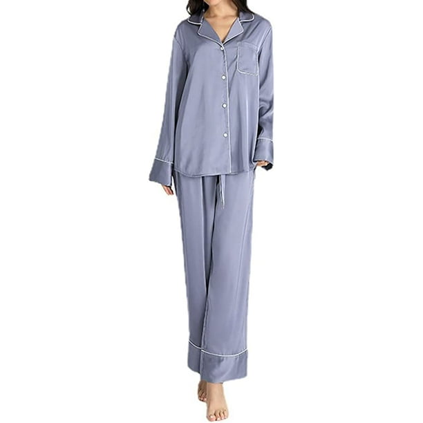 CoCopeaunts Womens Pajama Retro Silk Satin 2 Piece Outfit Classic Long Sleeve Lapel Shirt Tops Wide Leg Loungewear Warm Pajama Set