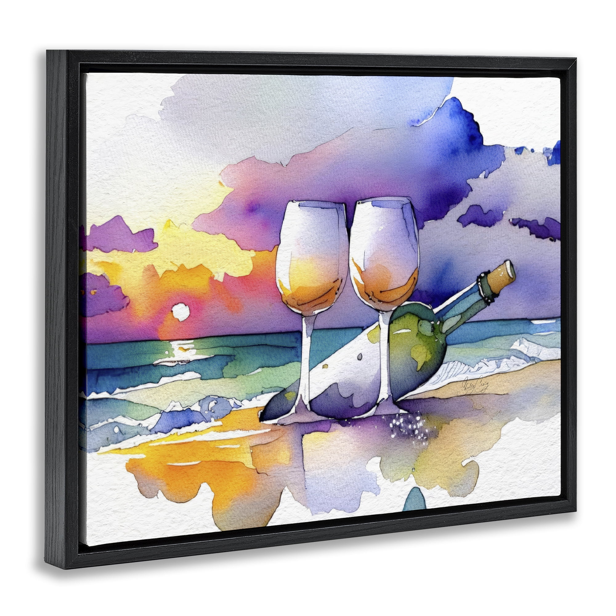 Stupell Industries Coastal Cheers with Wine Black Framed Floater Canvas Wall Art, design by Shelly Craig