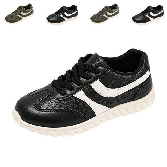 IEMIEMIEM Women's Sneakers Striped Faux Leather Retro Low Top Breathable Mesh Lace Up Comfort Flat Casual Walking Trainers 7.5 wide