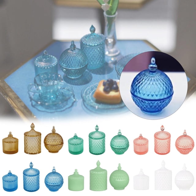 Ensemble de Petits Pots à Bonbons en Verre pour Décoration de Maison de Poupée 1:6 Bleu
