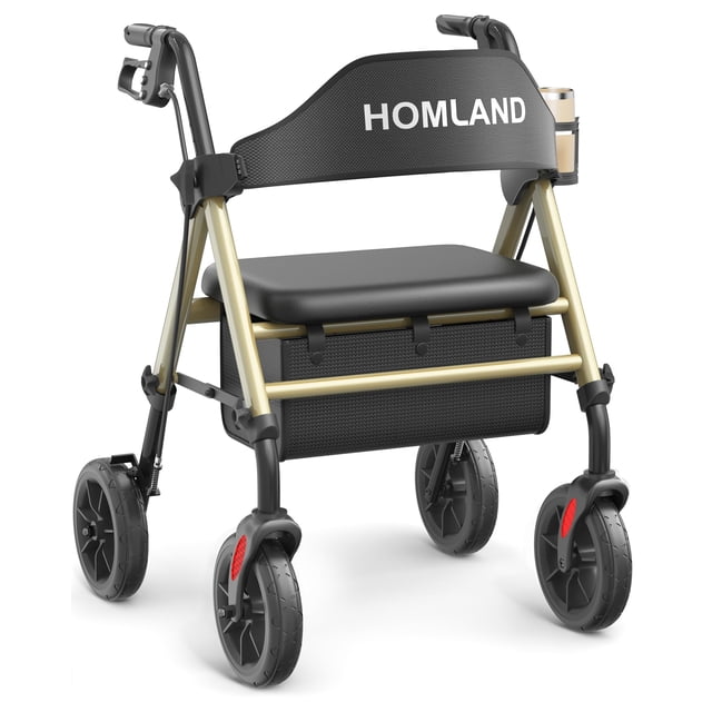 Andadores HOMLAND para personas mayores con asiento, andador plegable con ruedas, marco de aluminio reforzado, ruedas grandes de goma de 20 cm para todo terreno, andador ligero con ruedas y altura aju