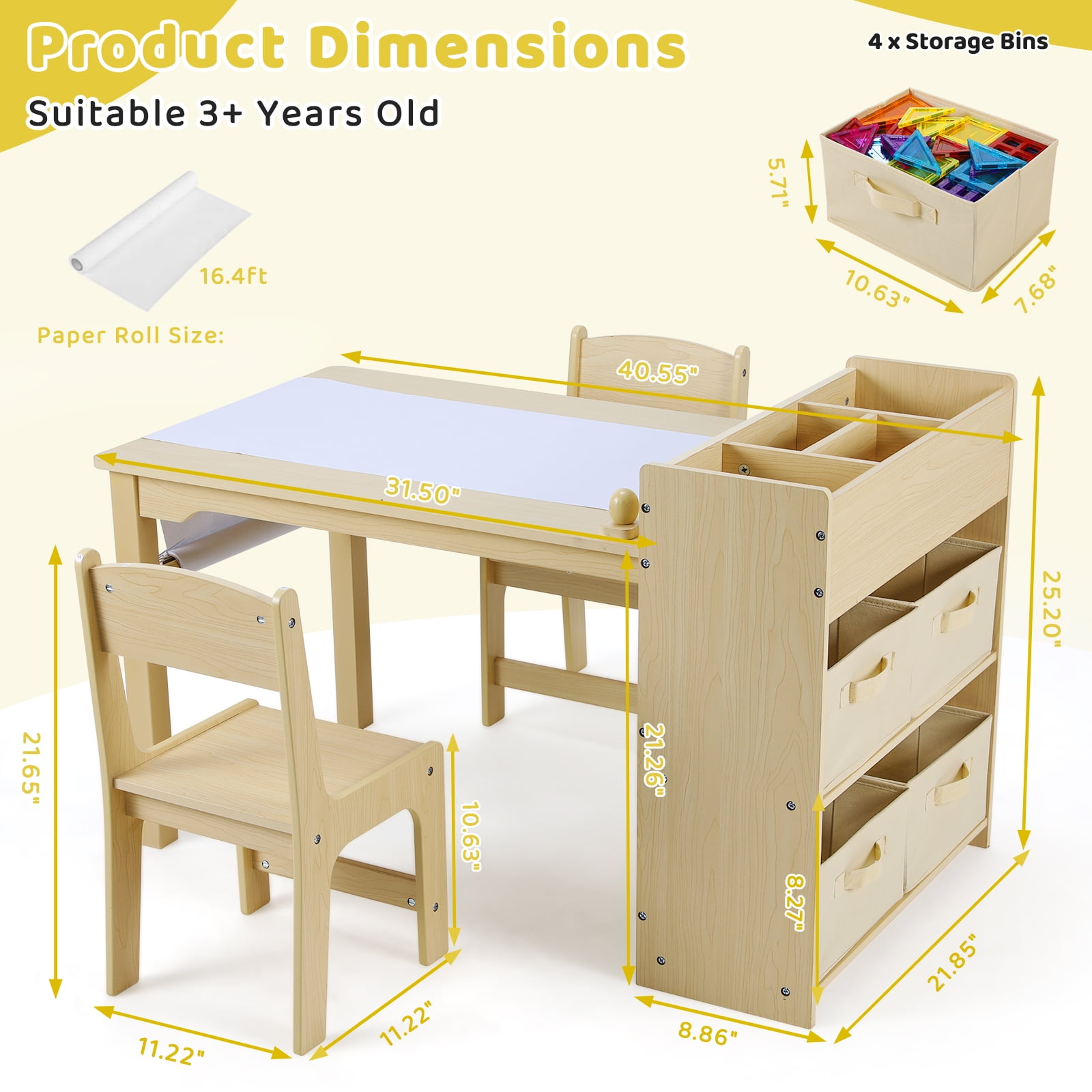 Arlopu Kids Art Table and 2 Chairs Set with Paper Roll, Toddler Craft Drawing Table, Children Play Activity Table with Storage Space