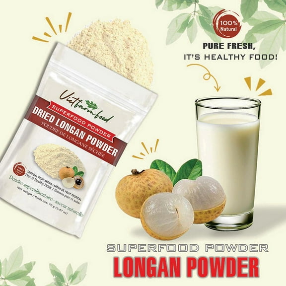 LONGAN POWDER 2.47 oz (70g) VIETFARMFOOD: Pure freeze-dried fruit powder, made from real fruit with no added sugar - Perfect for daily nutrition to keep your body full of vitality.
