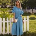 thumbnail image 4 of Drppepioner Robe d'Été pour Femme à Manches Courtes, Robe T-Shirt Décontractée 2024 Fluide de Plage à Col en V, Robes Soleil avec Poches, Mode Femme, Automne, Robe à Boutons à Manches Courtes à Col Rond, Bleu, 4 of 5