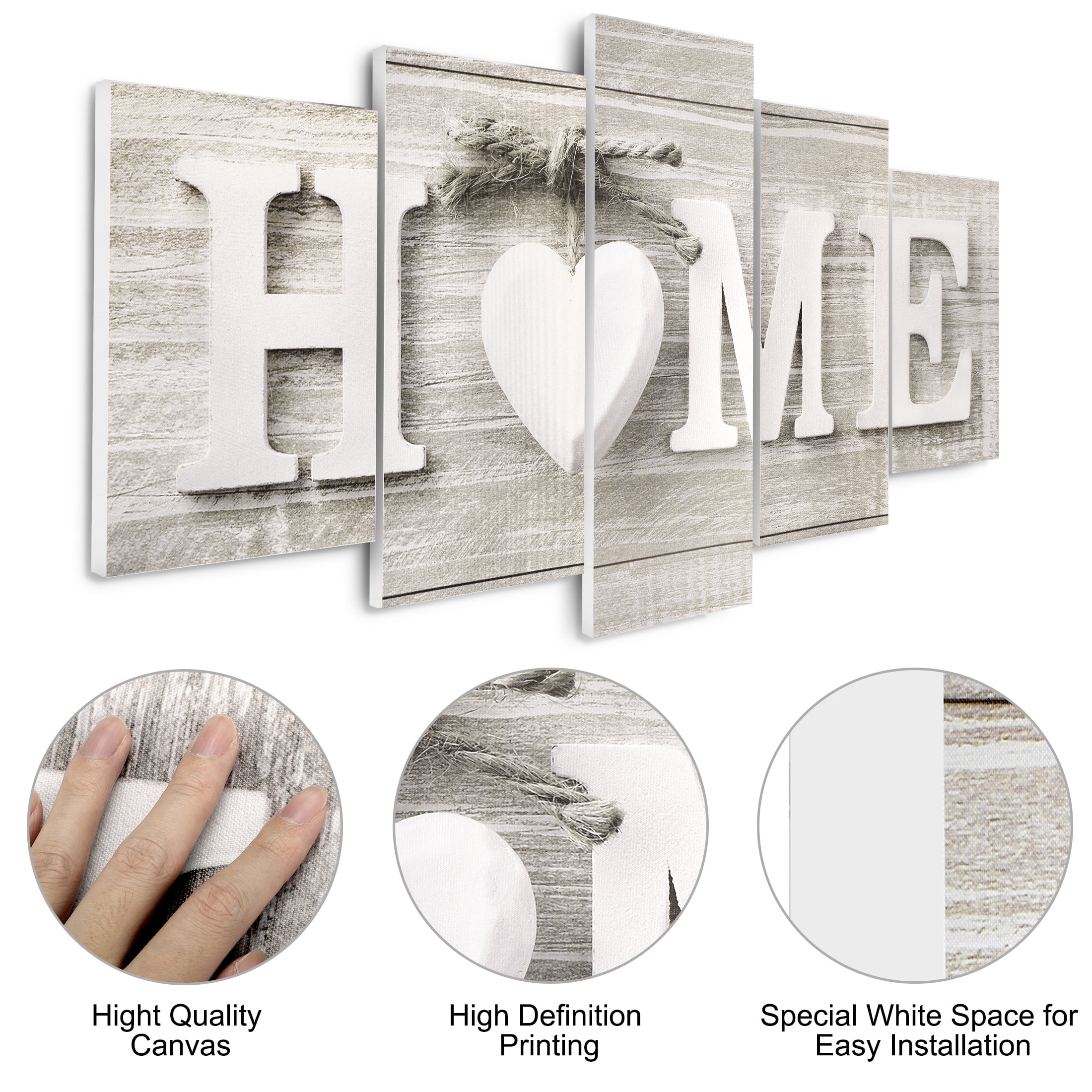 Frameless Canvas Home Sign, EEEkit 5 in 1 Concise Decorative Wall Hanging Decor, Rustic Farmhouse Wall Art Decor Letters for Living Room Bedroom Kitchen Entryway Decoration Housewarming Gift