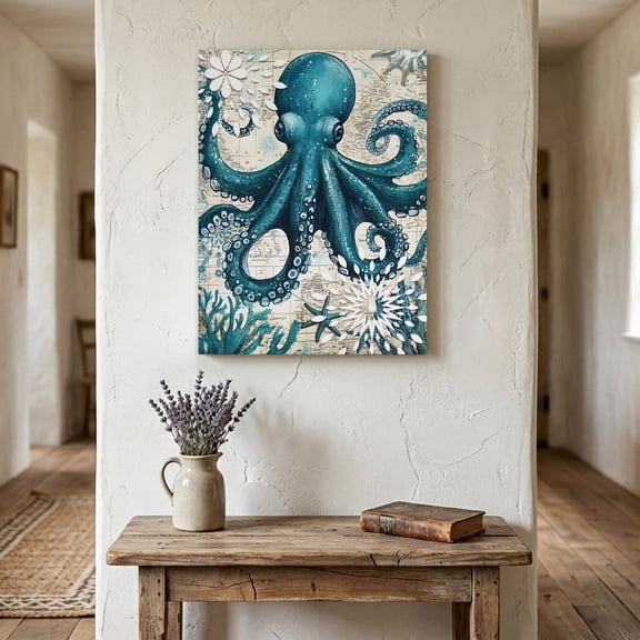 Ships Next Day Canvas Wall Art 18"x24", Coastal Octopus Wood Framed Canvas Print Painting, Vintage Beach Teal Coral Nautical Ready to Hang Picture Wall Decor for Home Bedroom Living Room Dining