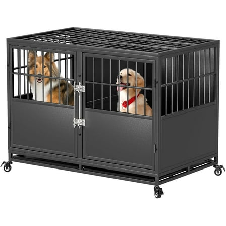 48 inch Stackable Heavy Duty Dog Crate with Divider, Metal Indestructible Anxiety Dog Kennel for Two Small or One Large Dogs, Chew Proof Pet Cage, Steel House Cage Indoor