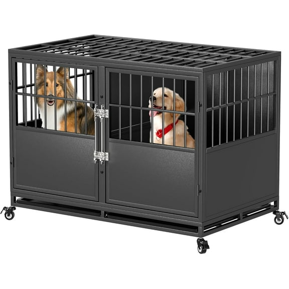 48 inch Stackable Heavy Duty Dog Crate with Divider, Metal Indestructible Anxiety Dog Kennel for Two Small or One Large Dogs, Chew Proof Pet Cage, Steel House Cage Indoor