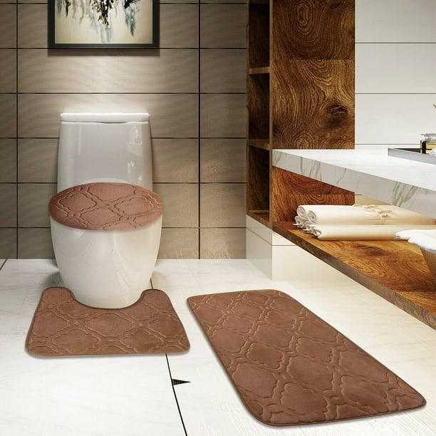 Velvet Geometric Moroccan Design Bathroom Rug Set 3pc Brown Memory Velvet Geometric Moroccan Design