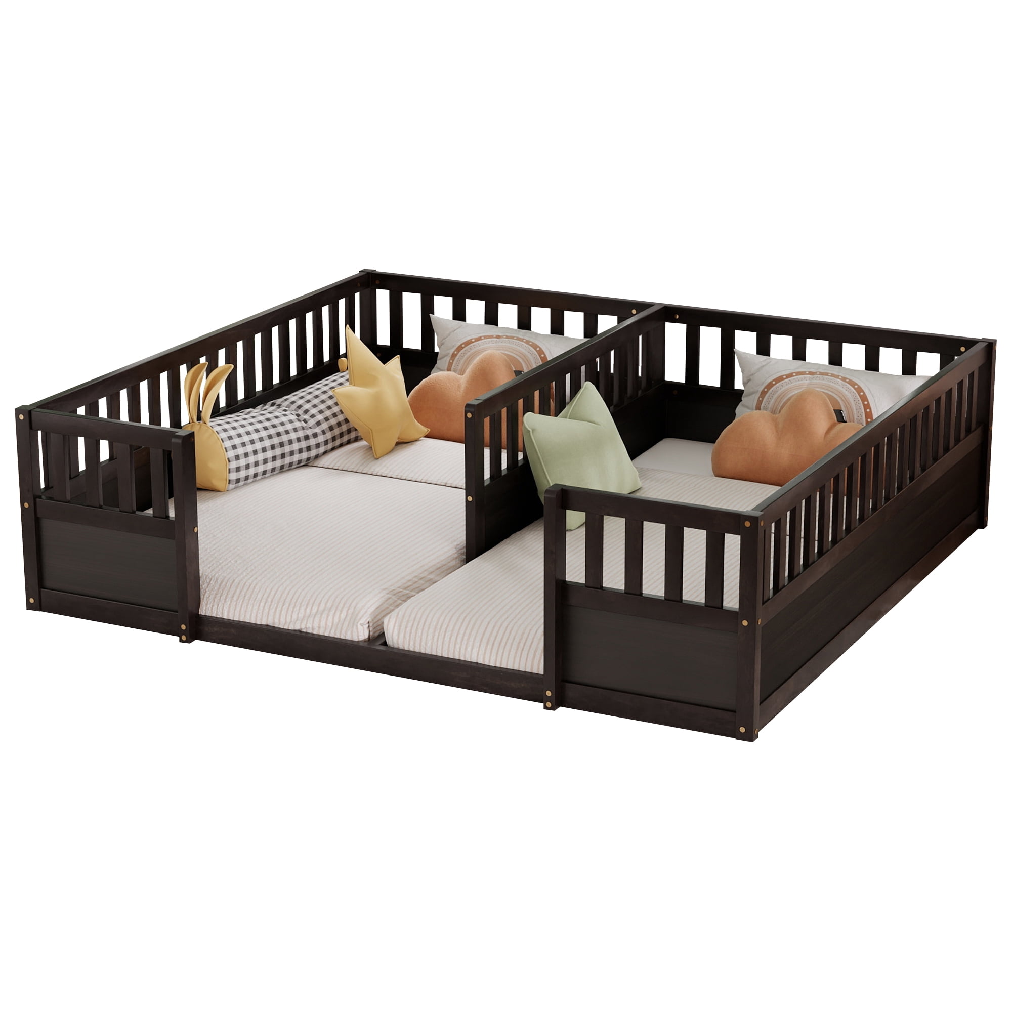 Double Twin Floor Bed 81.2 Inch, Pine Wood Bed Frame with Semi Enclosed Guardrails for Two Kids, Espresso