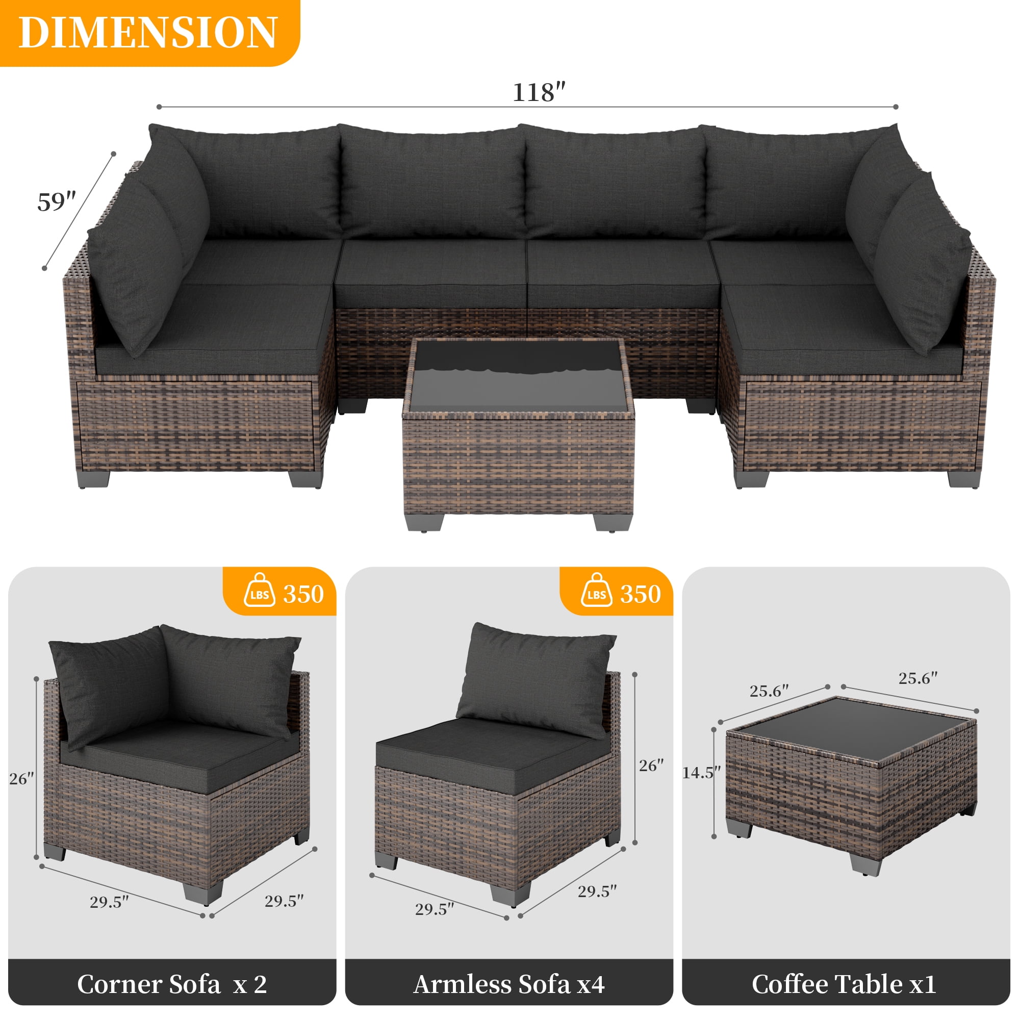 JORVIMAX 7 Piece Patio Furniture Set Outdoor Conversation Sets All-Weather Brown Rattan Wicker Patio Sectional Sofa with Cushions Black