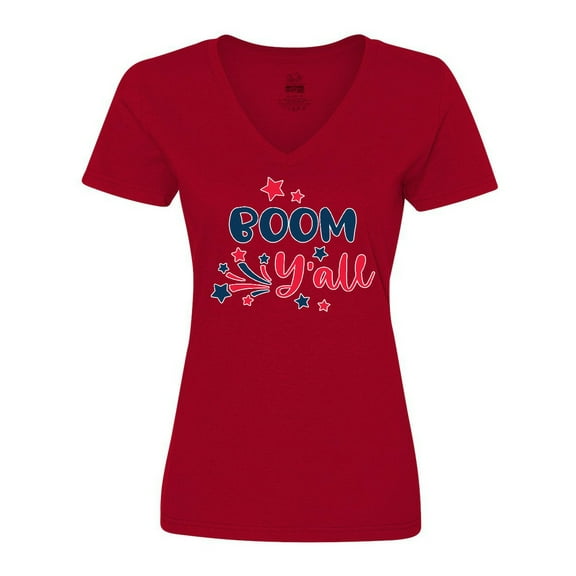 Inktastic 4th of July Boom Y'all with Red White and Blue Stars Women's V-Neck T-Shirt