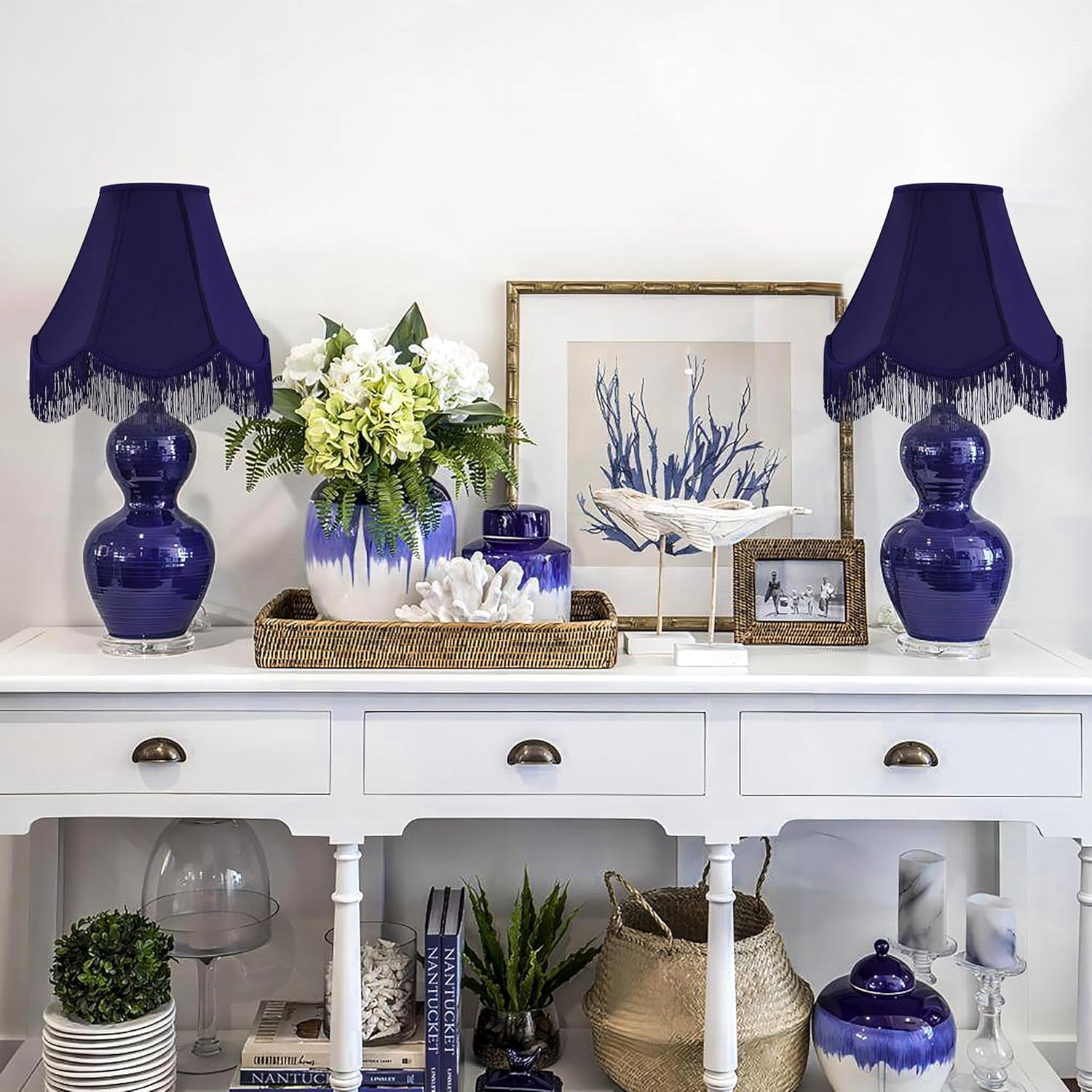 Blue Silk Bell Lamp Shades Set of 2 Petal Edge Braid with Blue Fringe Trim, 6"x13"x10.6"(Spider), Scalloped Lamp Shade Hand Crafted, Replacement Lamp Shades for Table, Floor Lamps,Easy Assembly