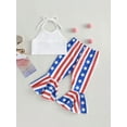 thumbnail image 4 of Bagilaanoe 4th of July Clothes for Toddler Baby Girls Letter Print Sleeveless Crop Tops + Star Stripe Flared Trousers 9M 12M 18M 24M 3T 4T Kids Independence Day Outfits 2pcs Long Pants Set, 4 of 9