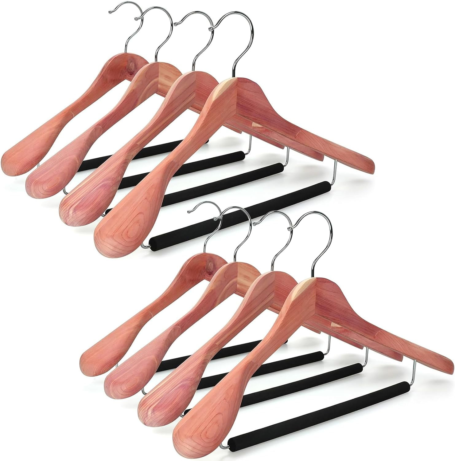 Wide Shoulder Cedar Wooden Hangers 8 Pack, Luxury Wood Suit Coat Hangers with Black Padded Pant Bar and 360 °   Swivel Chrome Hook, Natural Finish