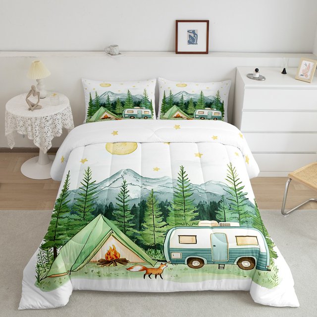 Erosebridal Happy Camping Bedding King Comforter Set, RV Camper Down Comforter, Cartoon Camp Decor, Ultra Soft 3 Pieces