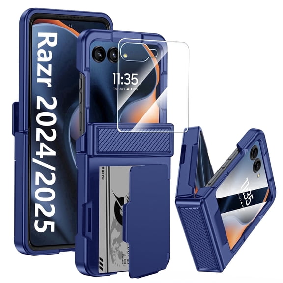 Oupeigar for Motorola Razr 2024/Razr 2025/Razr 2026 Phone Case,Card Holder(4 Cards)[RFID Shielding]&HD Screen Protector,Military Grade Protection Case-Blue