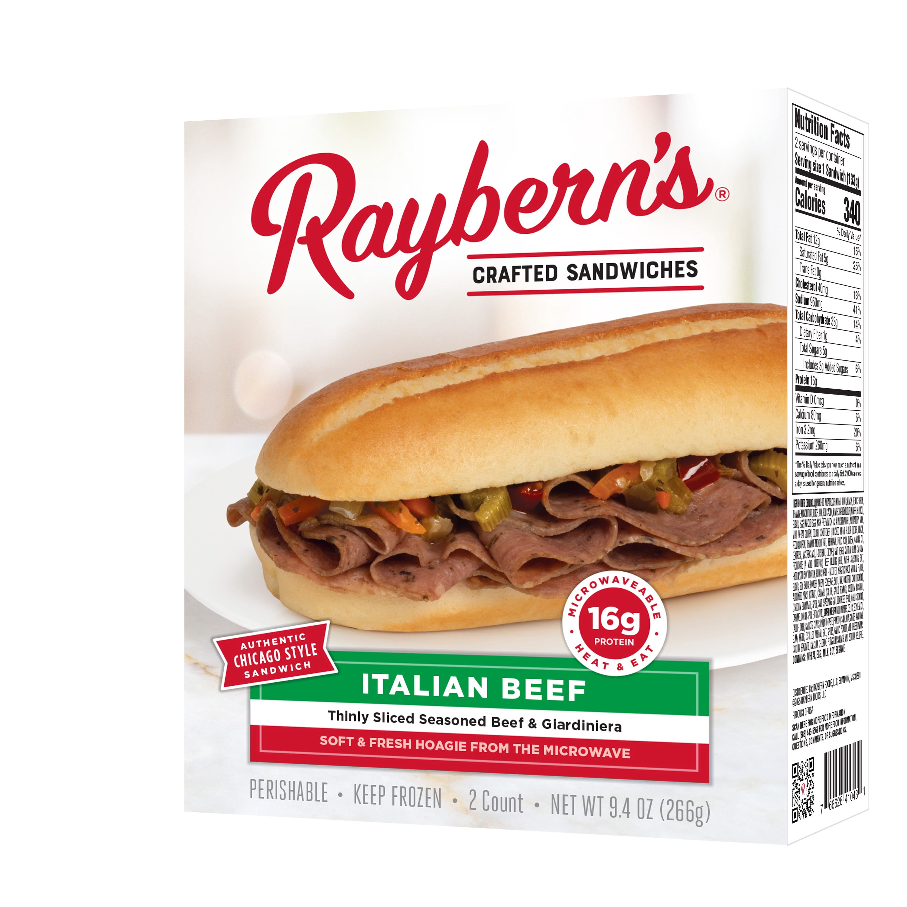 Raybern's Italian Beef Sandwich, 16g Protein,  9.4 oz, 2 Count Box (Frozen)