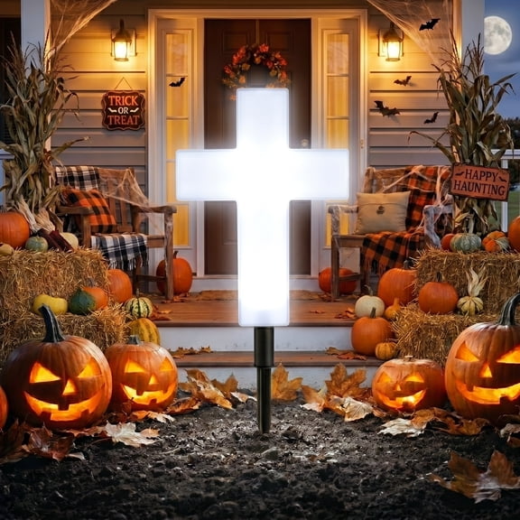 Halloween Decorations Outdoor , 22 Inch Solar Powered Lighted Cross Garden Stakes, Elegant Warm White Glowing Pathway Lights for Christmas Cemetery Yard